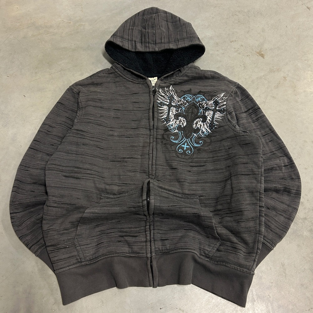 Faded Glory Mens XL Sherpa Lined Zip Hoodie Grey Fleur De Lis Graphic Y2K j192